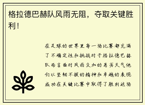 格拉德巴赫队风雨无阻，夺取关键胜利！
