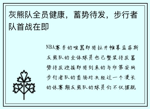 灰熊队全员健康，蓄势待发，步行者队首战在即
