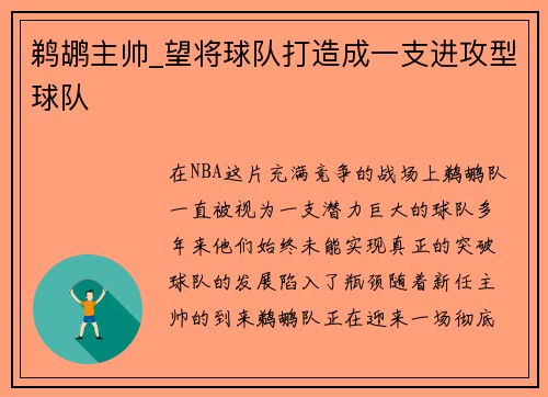 鹈鹕主帅_望将球队打造成一支进攻型球队