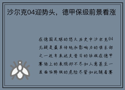 沙尔克04迎势头，德甲保级前景看涨